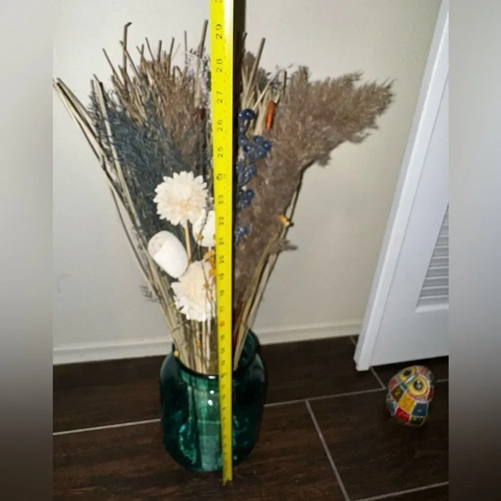 Stunning Dried Floral Arrangement in Blue- Green Glass Vase handmade in Spain